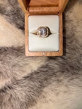 Gold Halo Cocktail Ring with Cushion Center Stone stamped in Sterling silver.